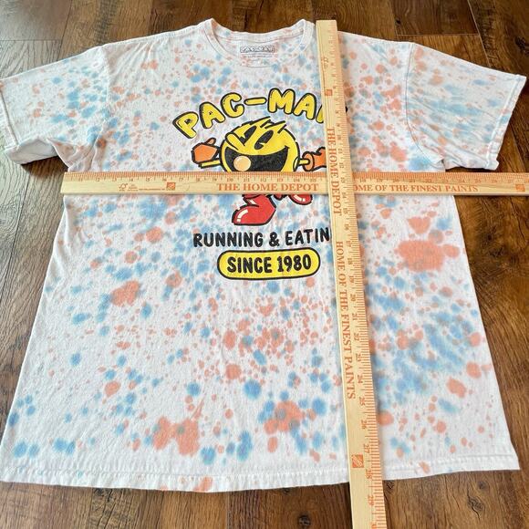 Pac-Man Running & Eating Logo Crew Neck Shirt Men XL White Tie Dyed Retro Gaming - Picture 6 of 8